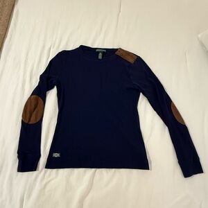 Ralph Lauren Navy Long Sleeve Shirt with Brown Elbow Patches